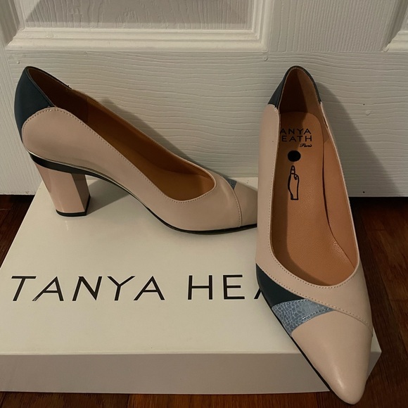 Tanya Heath Interchangable Convertible Heel Kitten Block Cream Nude Blue Pumps - Picture 2 of 2